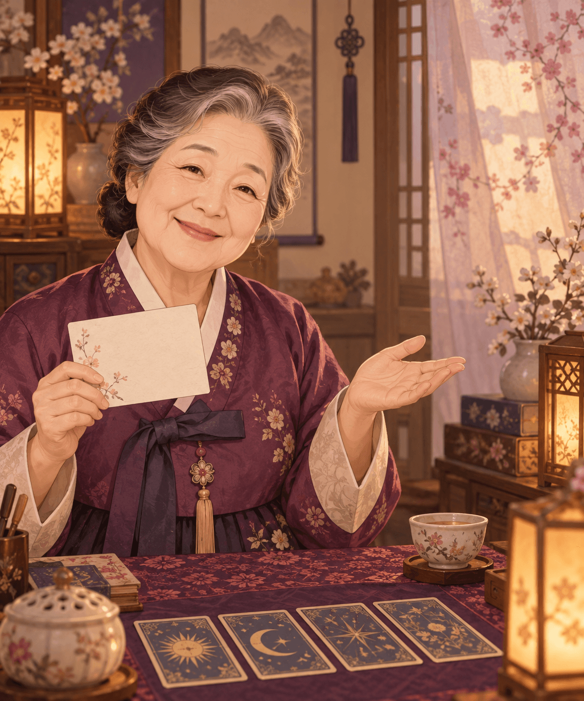 관상 풀이를 준비 중이라고 알려주는 할머니 상담가